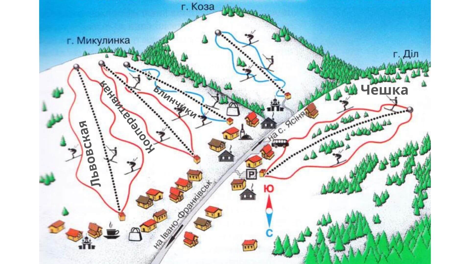 Схема горнолыжных трасс и подъемников в Яблунице